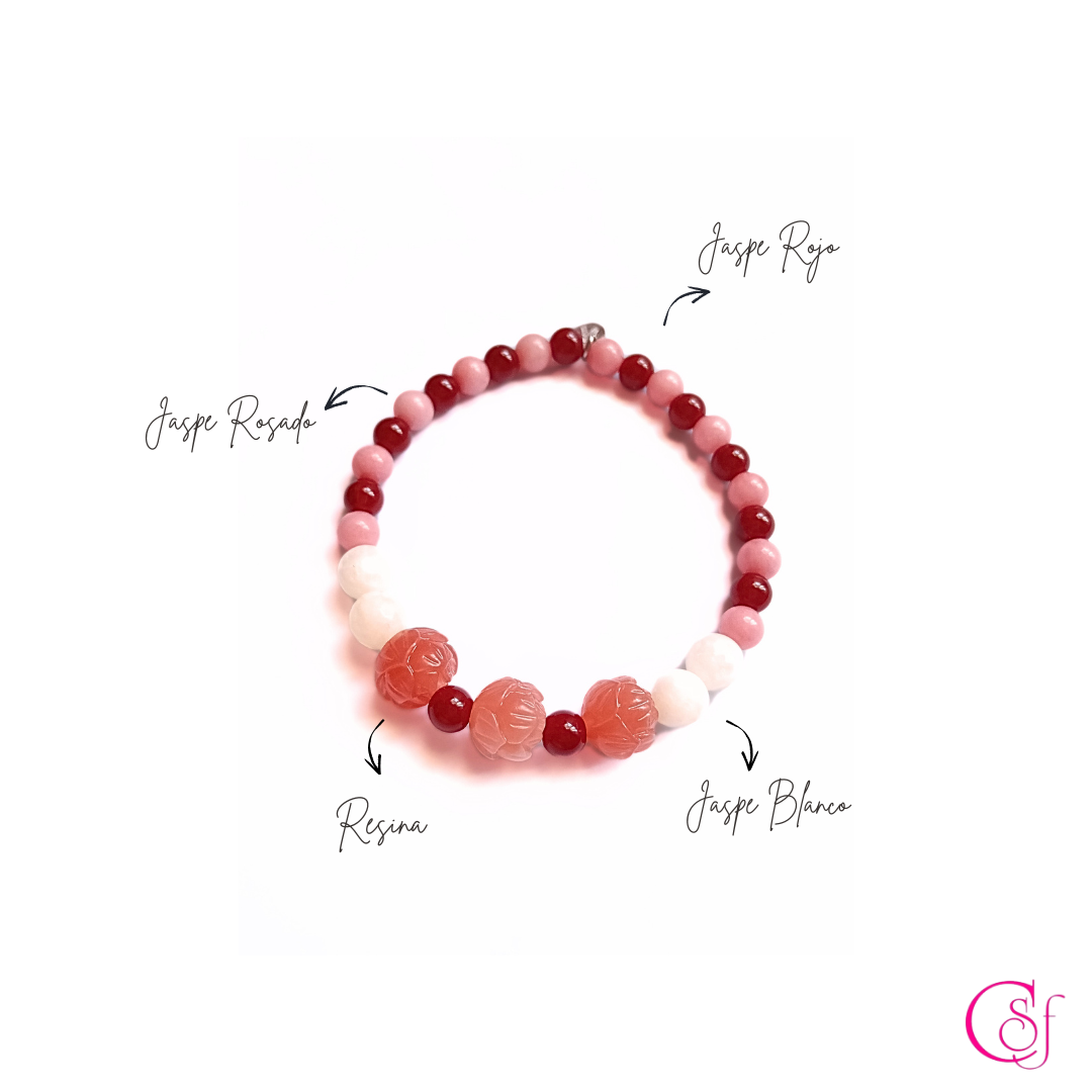 Pulsera Flor Rosada · Jaspe Rojo, Jaspe Rosado y Jaspe Blanco · Diseño CSF mod 2