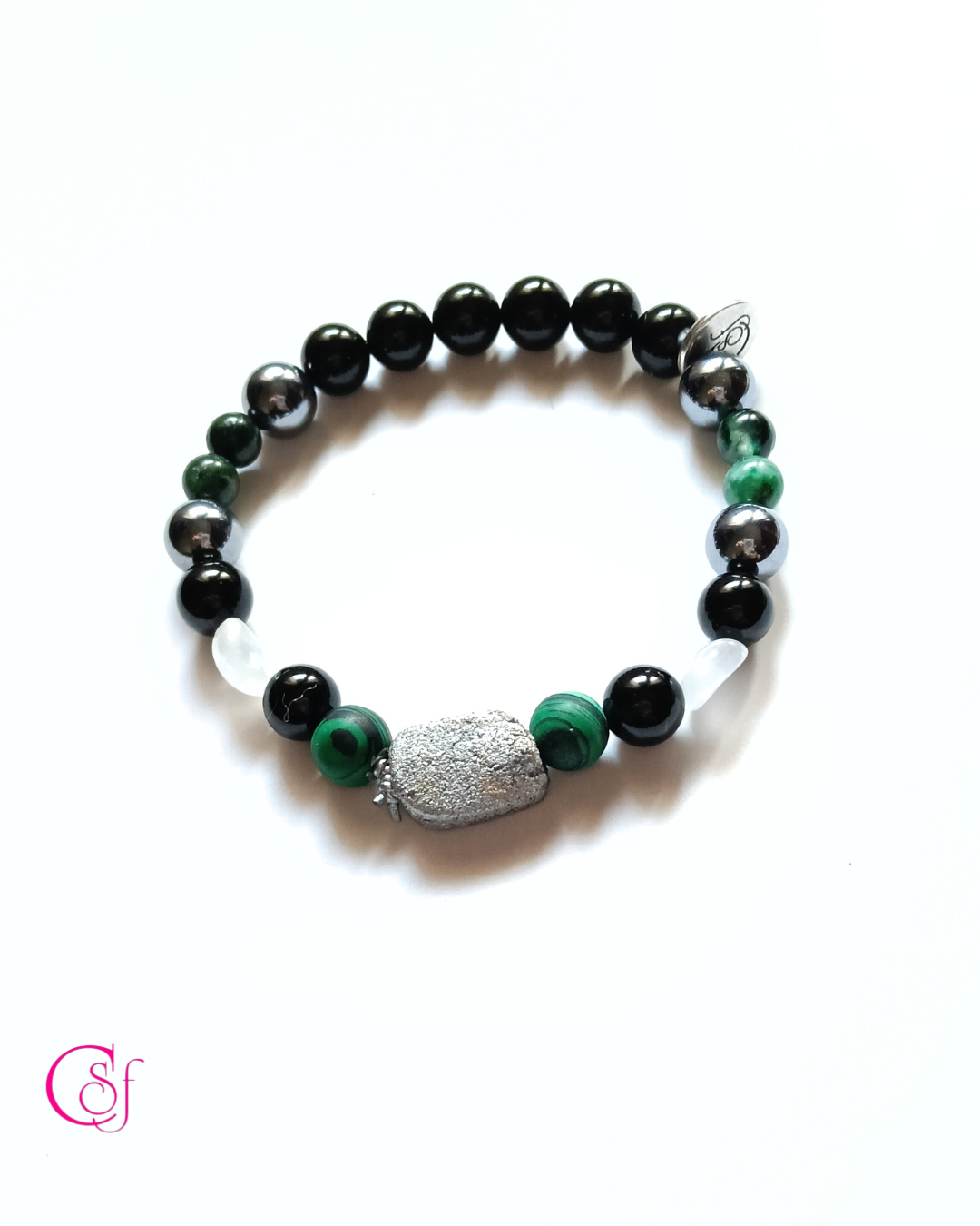 Pulsera malaquita, esmeralda semipreciosa, terhertz, turmalina, piedra lunar