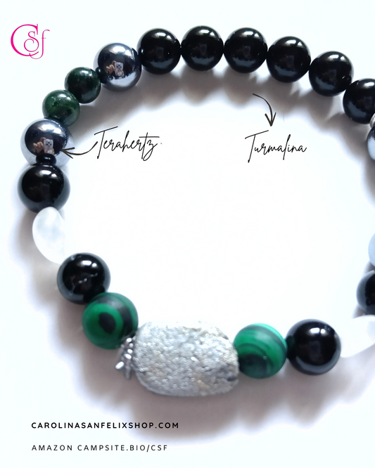 Pulsera malaquita, esmeralda semipreciosa, terhertz, turmalina, piedra lunar
