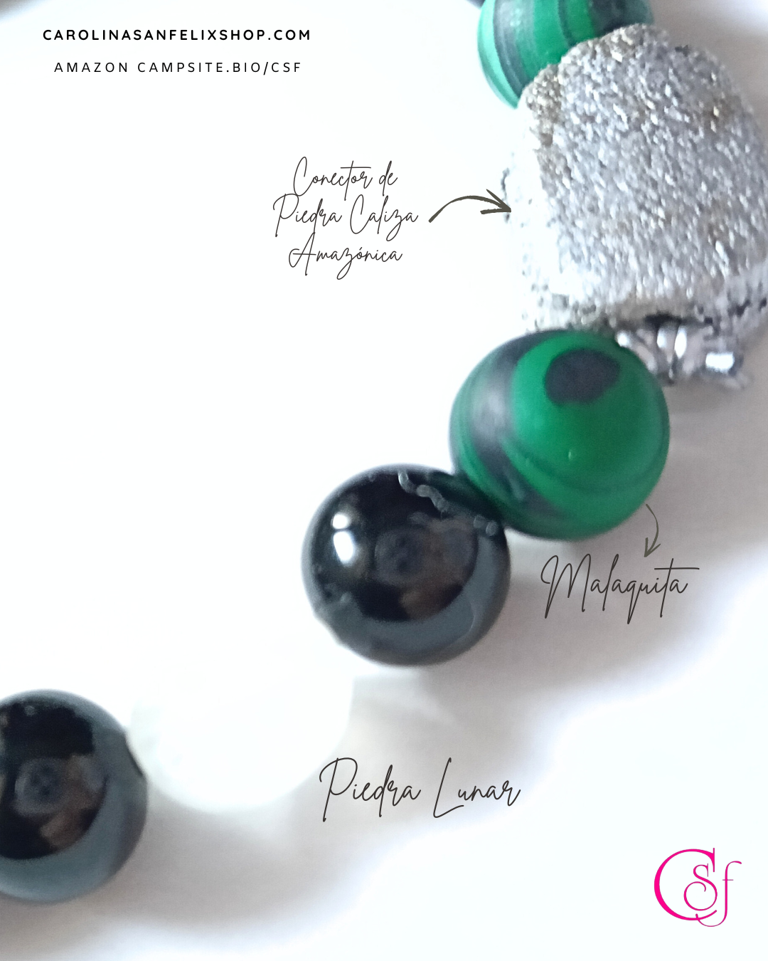 Pulsera malaquita, esmeralda semipreciosa, terhertz, turmalina, piedra lunar