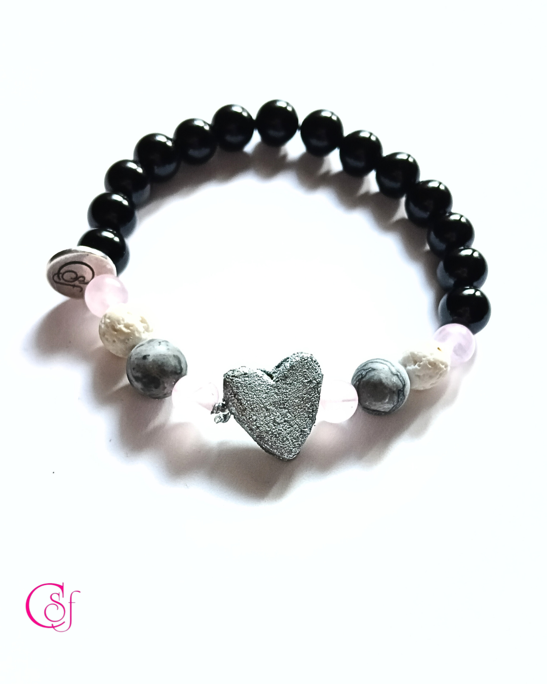Pulsera de piedra caliza amazónica, cuarzo rosa, turmalina