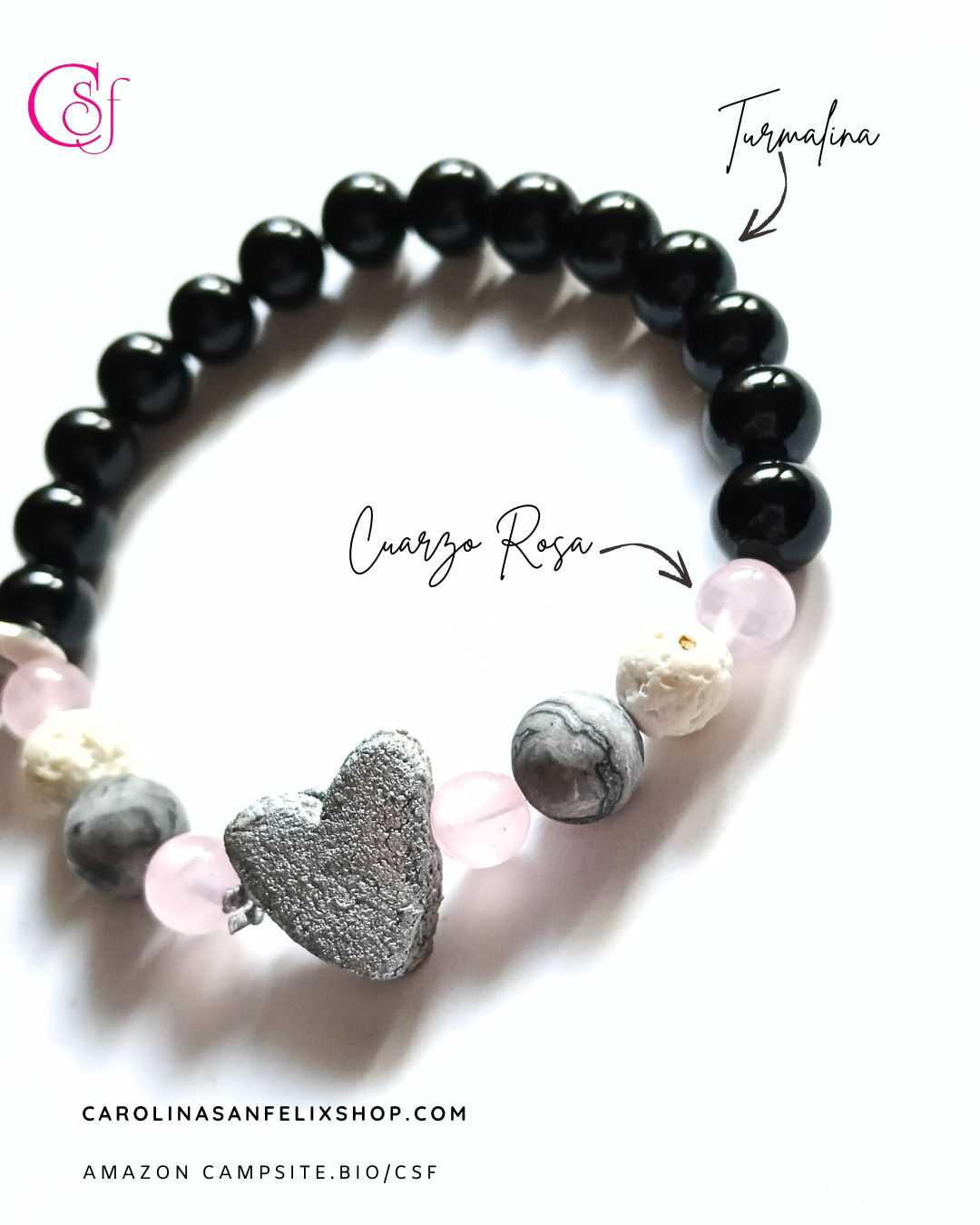 Pulsera de piedra caliza amazónica, cuarzo rosa, turmalina