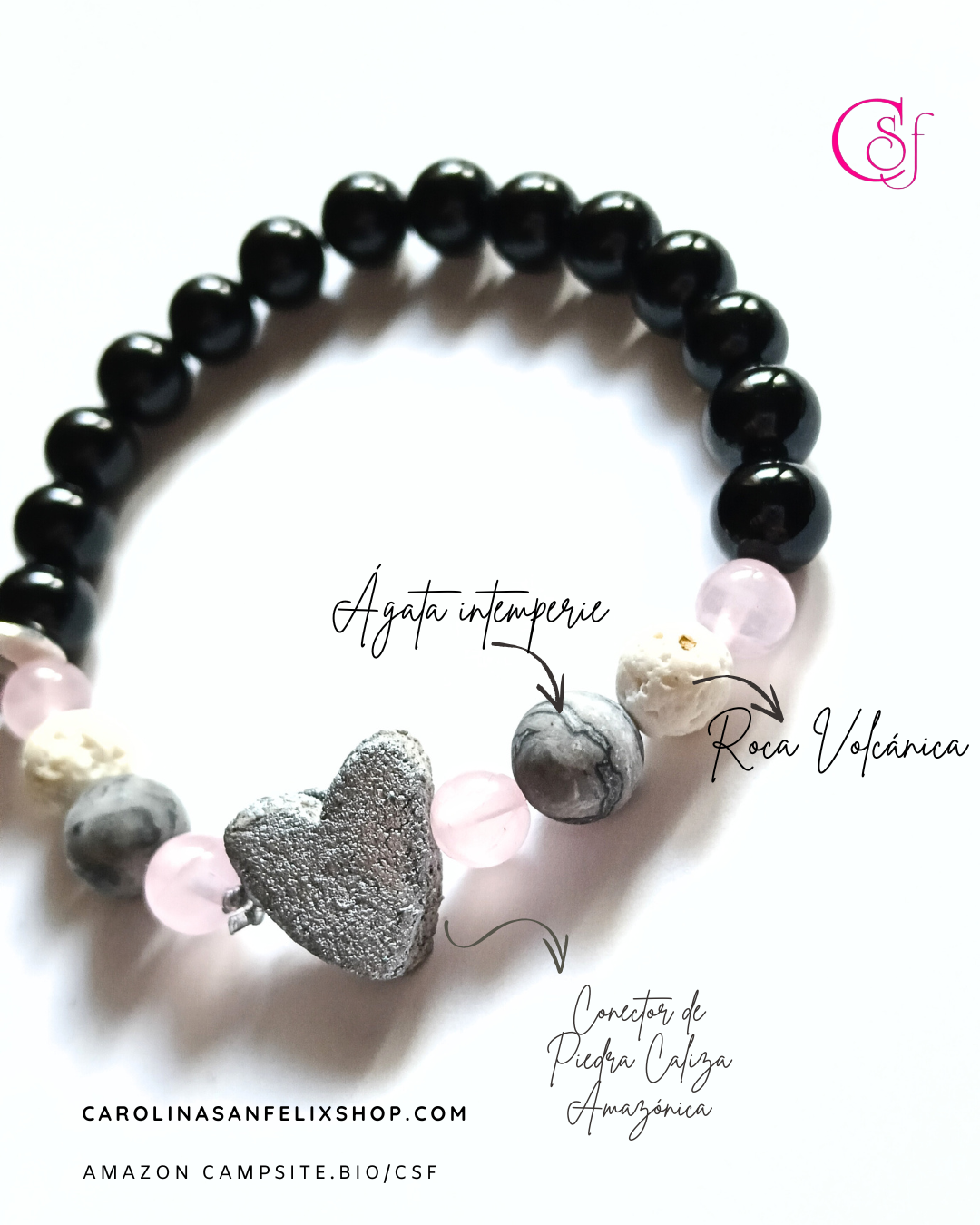 Pulsera de piedra caliza amazónica, cuarzo rosa, turmalina