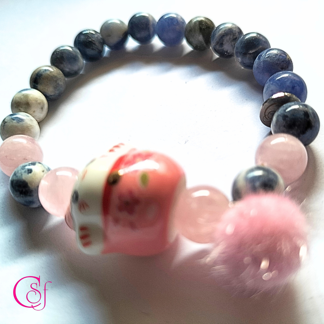 Pulsera Maneki Neko Cuarzo Rosa y Sodalita