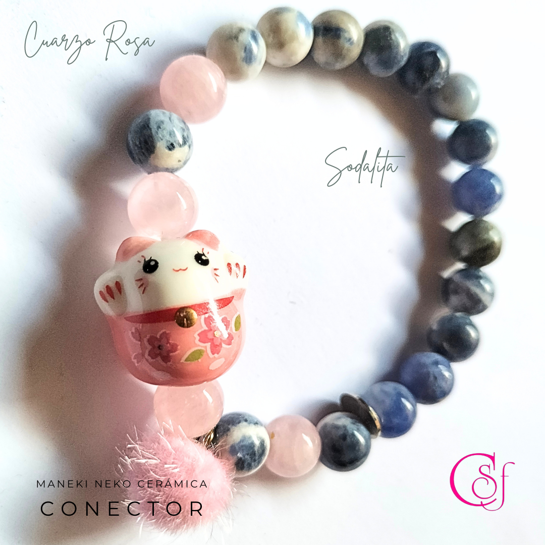 Pulsera Maneki Neko Cuarzo Rosa y Sodalita