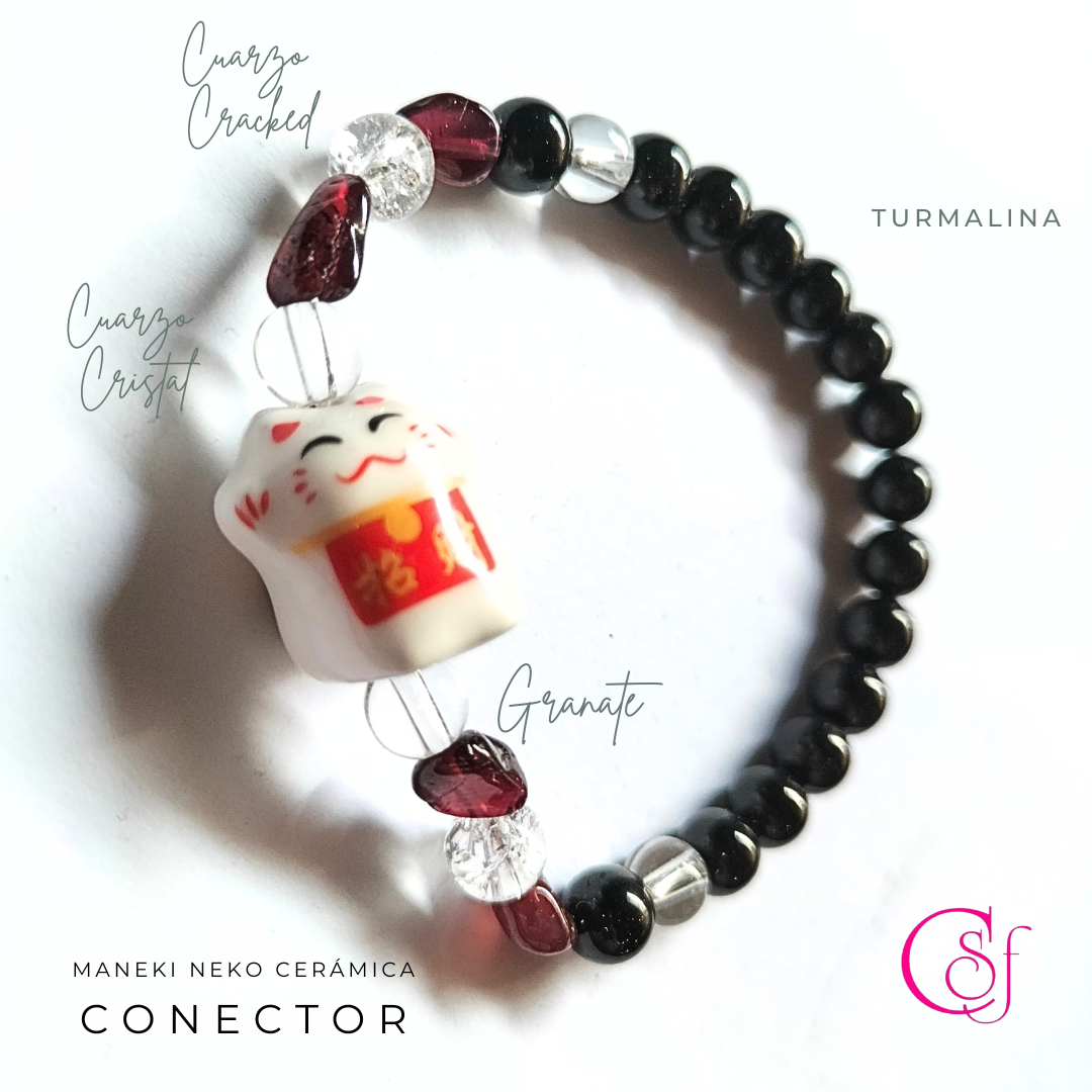 Pulsera Maneki Neko Turmalina Granate Cuarzo