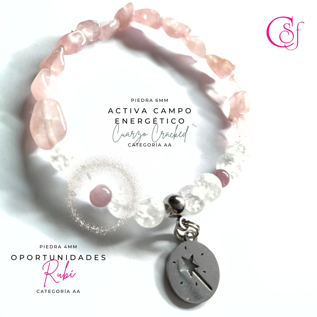 Pulsera de cuarzo cracked, cuarzo rosa de Madagascar y rubíes