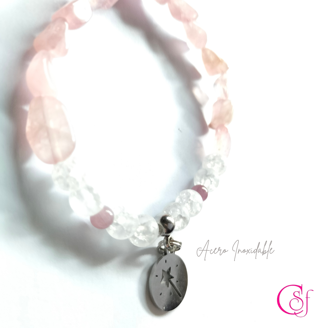 Pulsera de cuarzo cracked, cuarzo rosa de Madagascar y rubíes