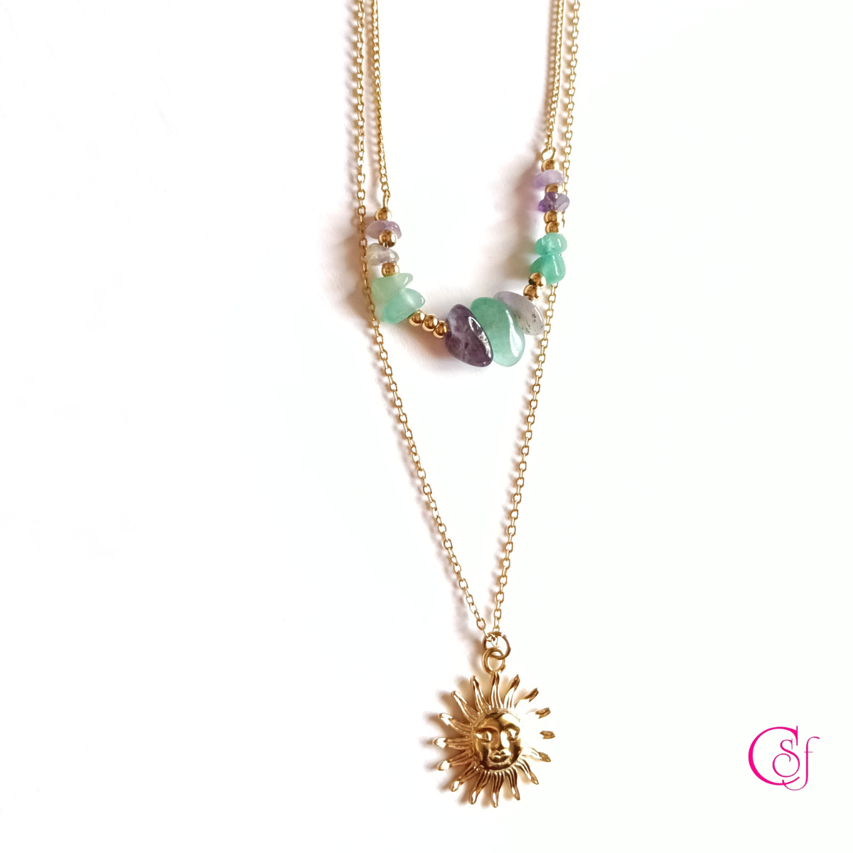 Collar Doble CSF Style – Sol Dorado, Amatista & Amazonita
