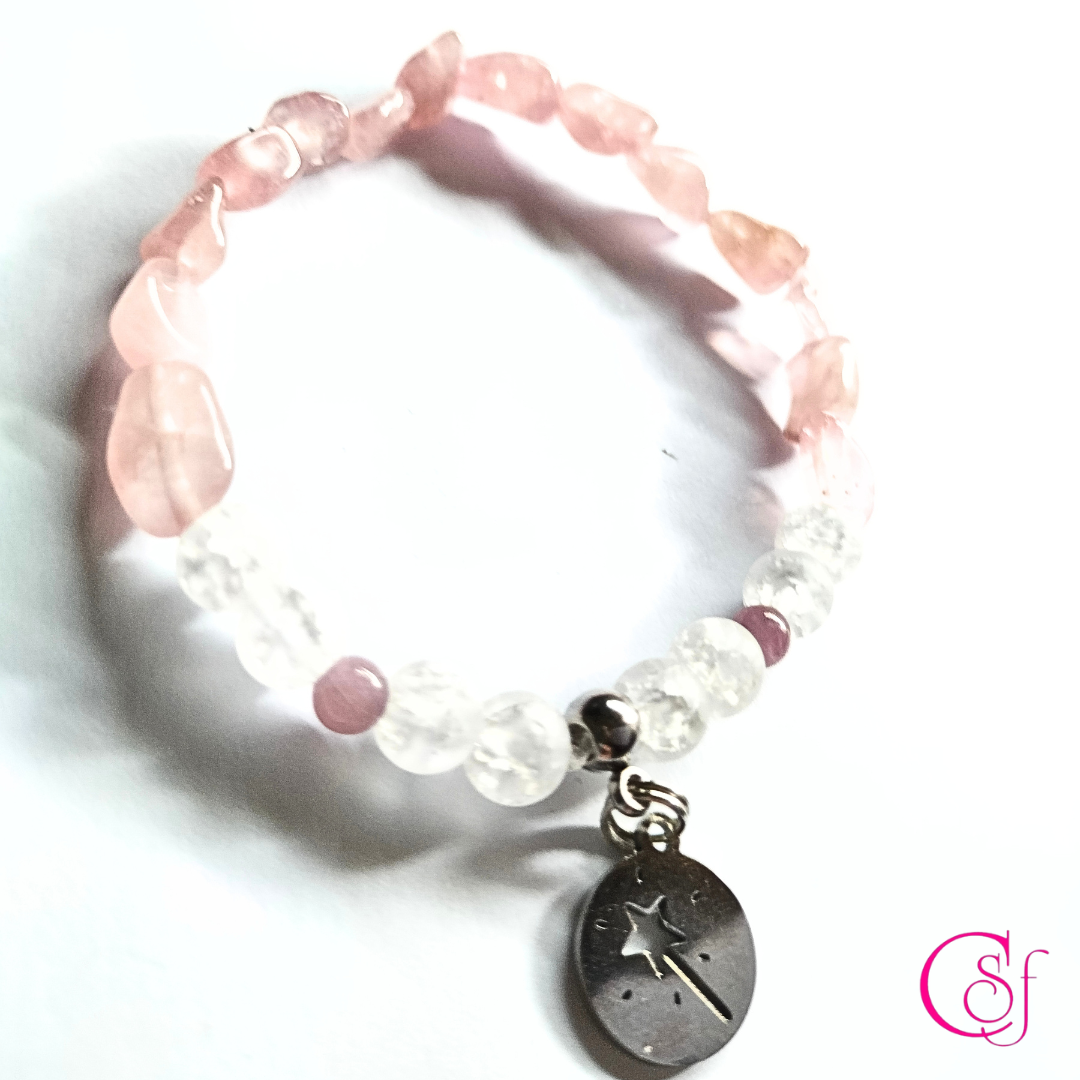 Pulsera de cuarzo cracked, cuarzo rosa de Madagascar y rubíes