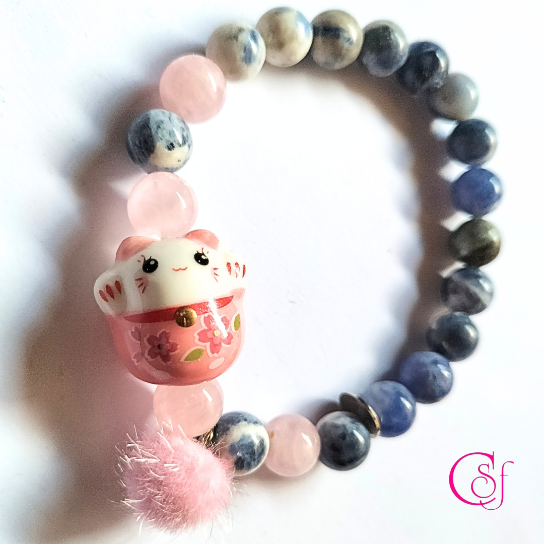 Pulsera Maneki Neko Cuarzo Rosa y Sodalita