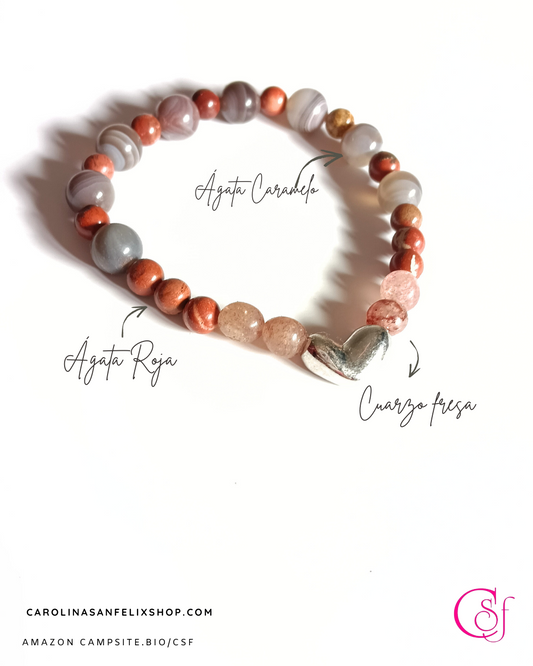 Pulsera de ágata roja, ágata caramelo y cuarzo fresa