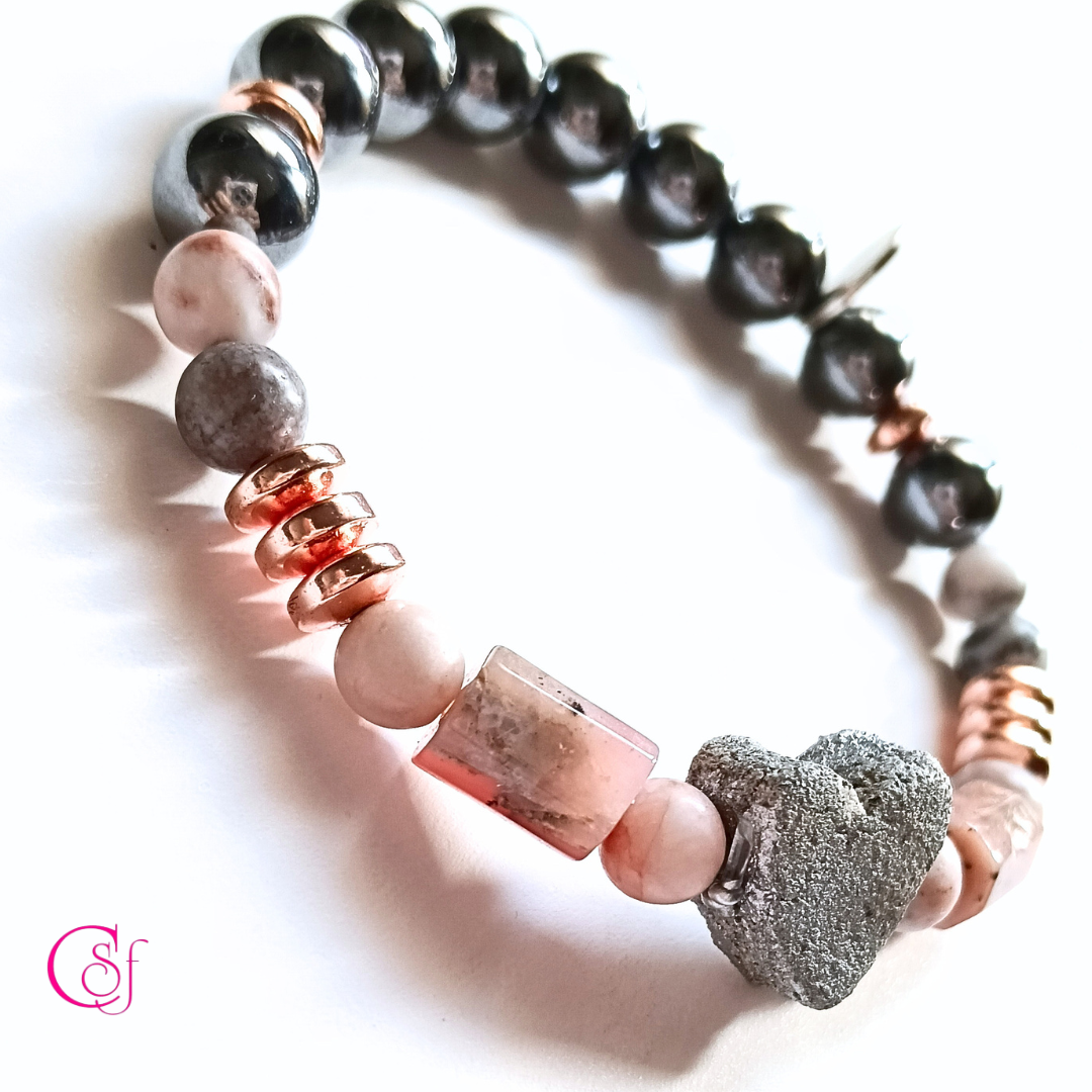 Pulsera Terahertz - Rodonita - Jaspe - Corazón de Caliza Amazónica