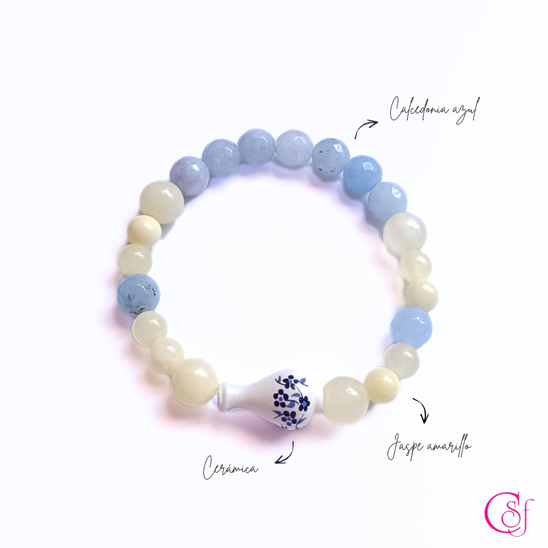 Pulsera Amalfi · Vasija de Cerámica, Calcedonia Azul y Jaspe Amarillo · Diseño CSF mod 5