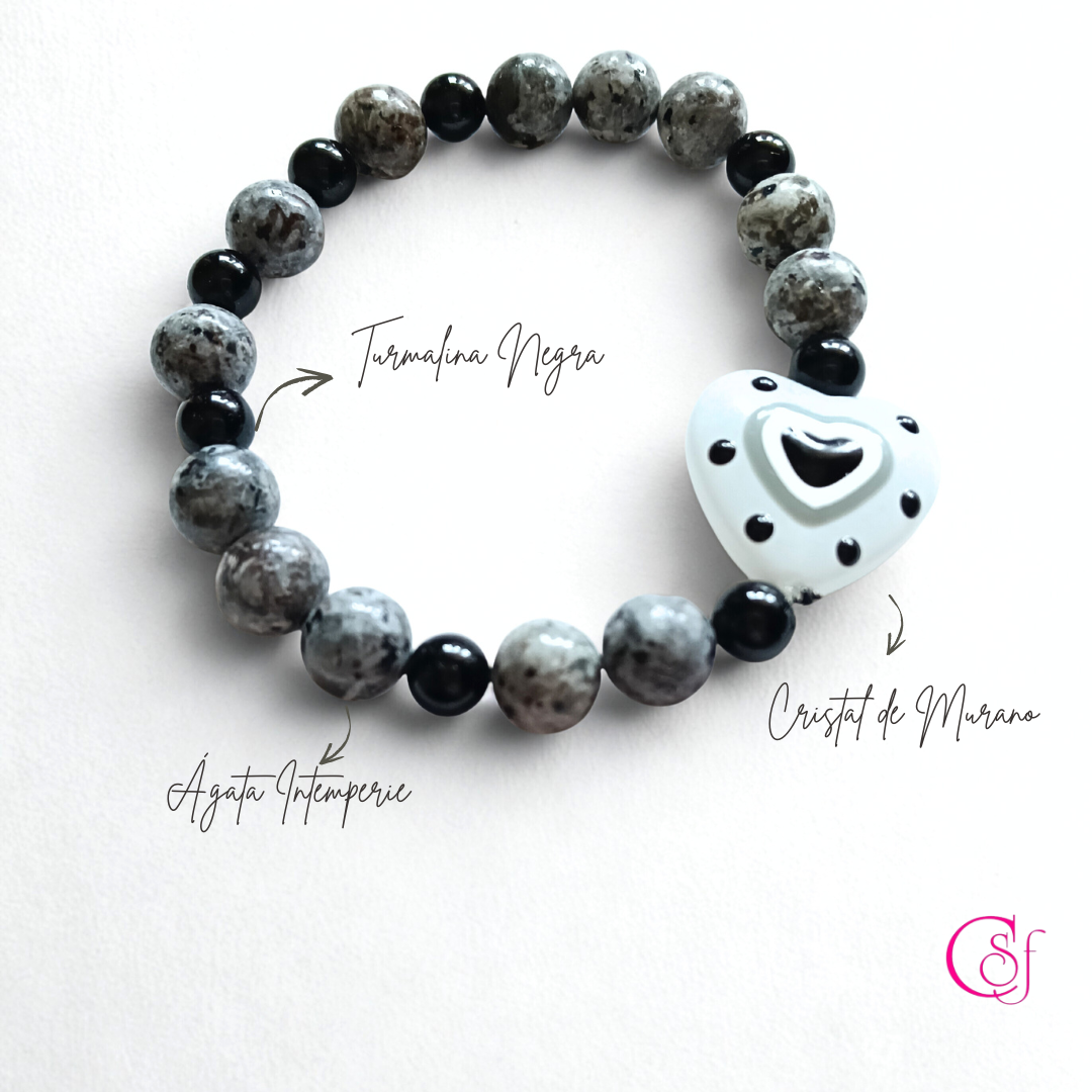 Pulsera CSF – “La Catrina” | Ágata Intemperie, Turmalina & Corazón de Murano Blanco