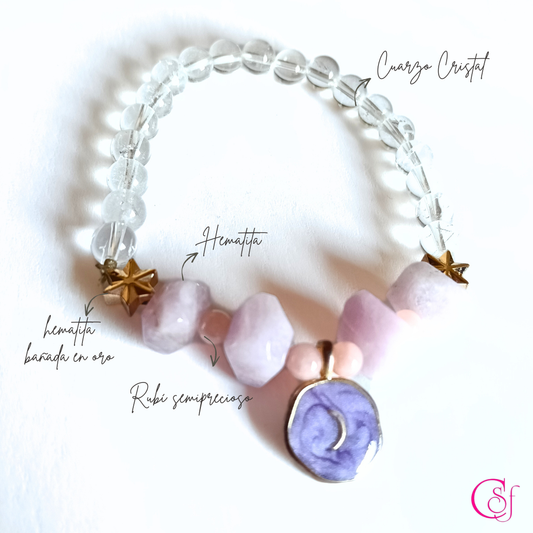 Pulsera Estrella Interior - kunzita , cuarzo cristal, hematita, rubí semiprecioso