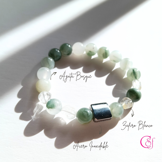 Pulsera Trend Magic CSF – Zafiro Blanco y Ágata Bosque | Energía, Serenidad y Estilo