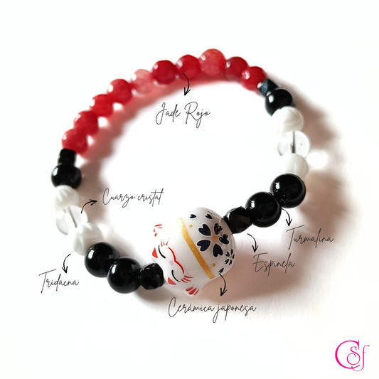 Pulsera Maneki Neko Blanco · Prosperidad en Movimiento · Diseño de Autor CSF - Jade Rojo