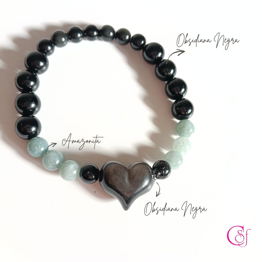 Pulsera CSF – Obsidiana & Amazonita | Corazón de Obsidiana