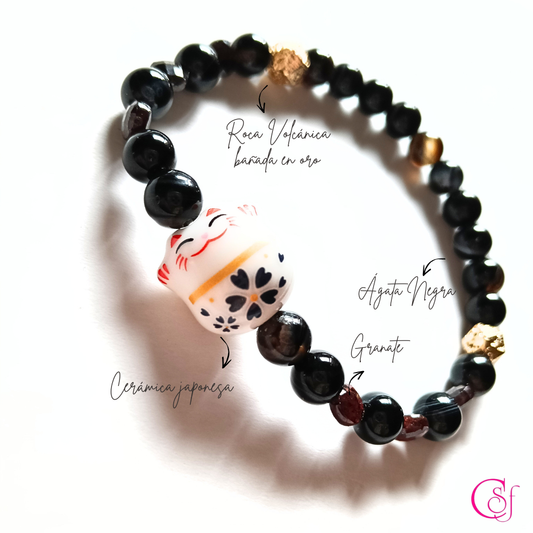 Pulsera Maneki Neko Blanco · Fortuna Serena · Lepidolita y Rodocrosita · Diseño de Autor CSF