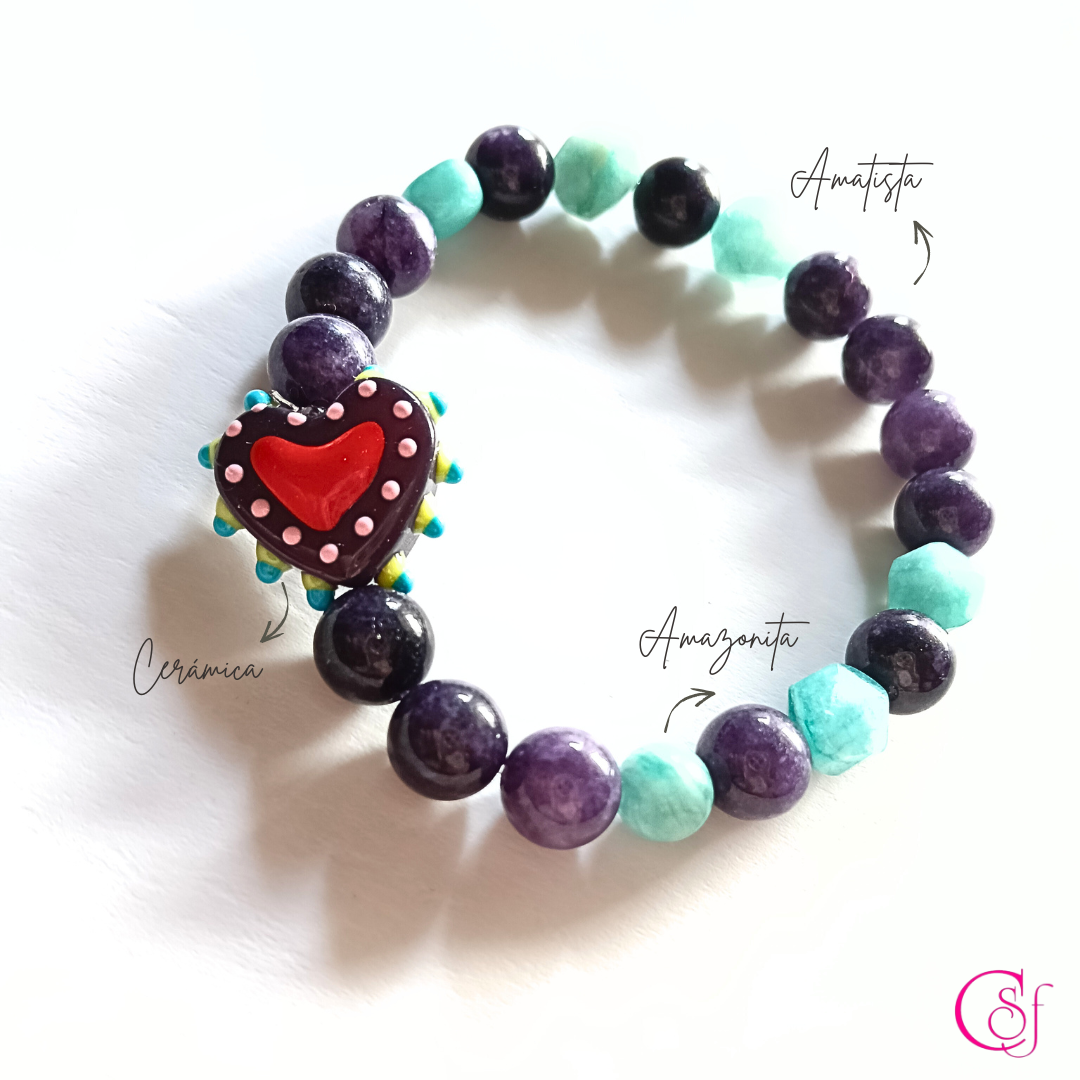 Pulsera Amatista - amazonita - Corazón Valiente