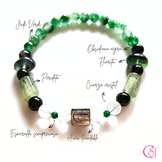 Pulsera de Expansión y Enfoque · Peridoto, Esmeralda y Fluorita · Diseño de Autor CSF
