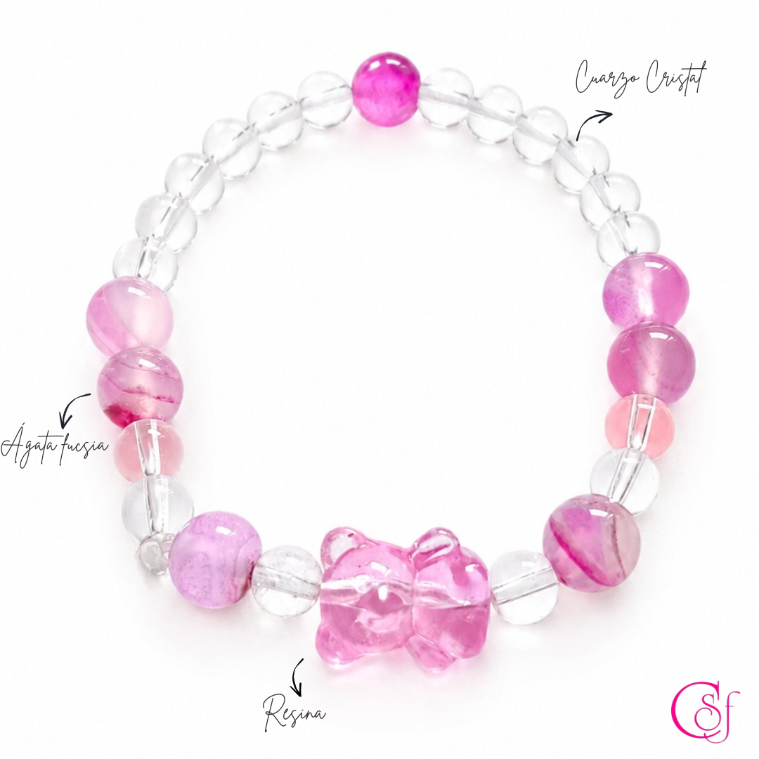 Pulsera Pink Bear · Cuarzo Cristal y Ágata Rosa · Diseño CSF