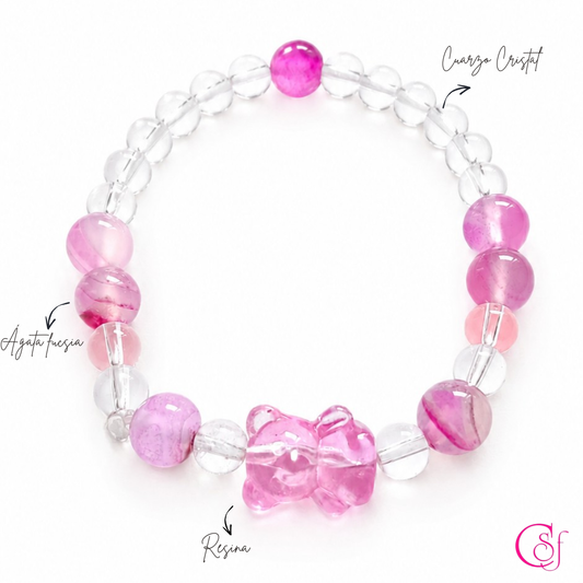 Pulsera Pink Bear · Cuarzo Cristal y Ágata Rosa · Diseño CSF