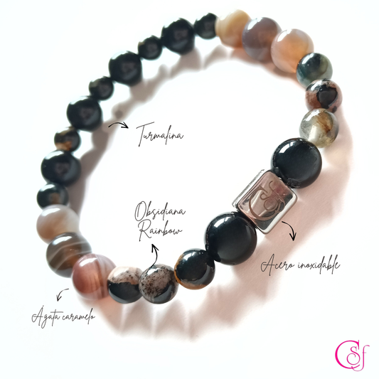 Pulsera Obsidiana Rainbow y Turmalina con Ágata Caramelo · Diseño de Autor CSF