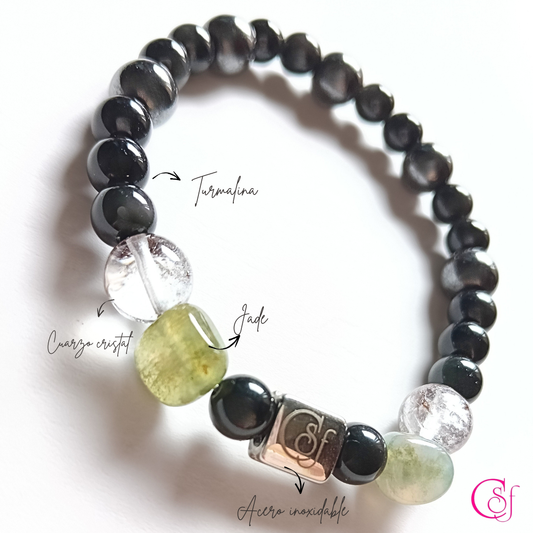 Pulsera Jade Verde y Turmalina Negra con Cuarzo Cristal · Diseño de Autor CSF