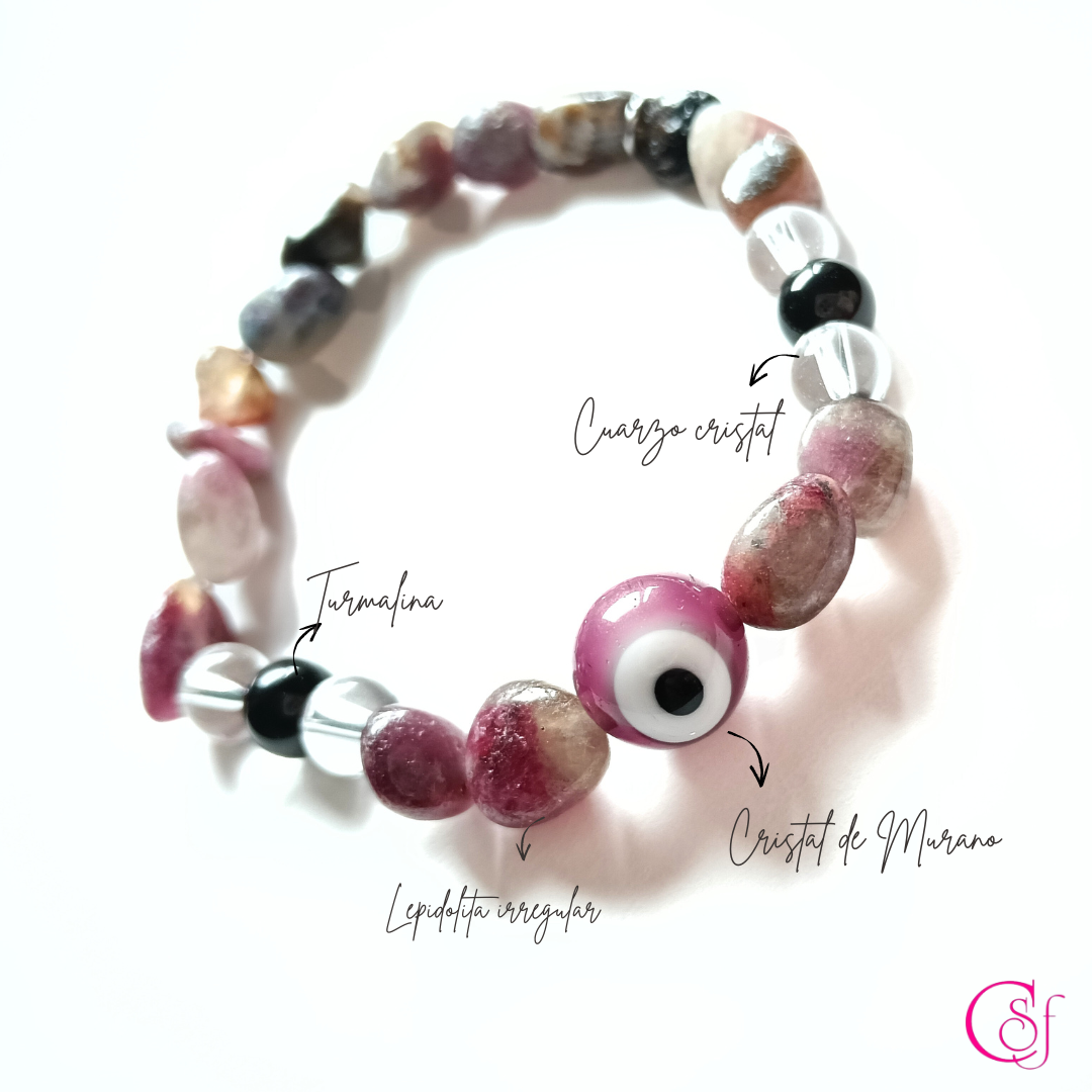 Pulsera Lepidolita y Murano Ojo Turco · Diseño de Autor CSF