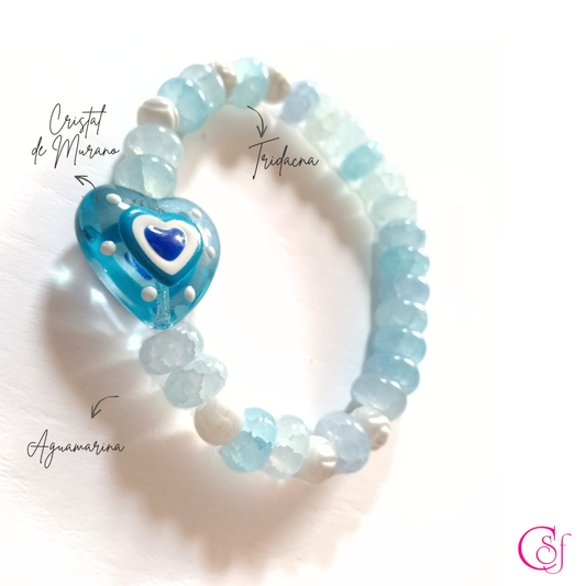 Pulsera Loto Celeste - aguamarina, tridacna