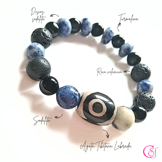 Pulsera Dzi Azul Profundo · Protección y Claridad Mental · Diseño de Autor CSF