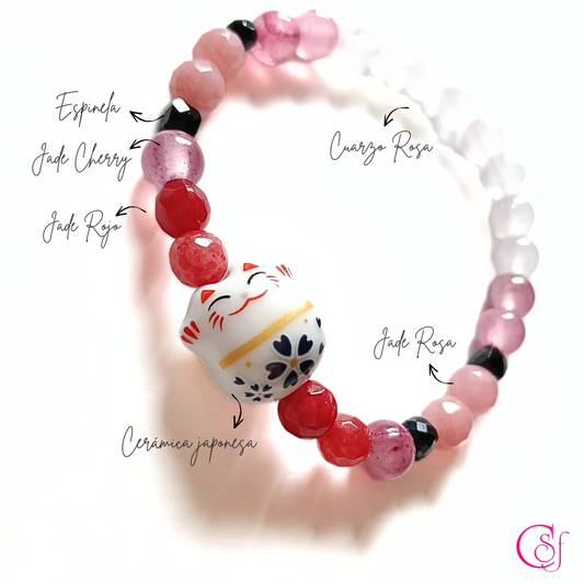 Pulsera Maneki Neko Blanco · Amor Magnético · Jade Cherry y Cuarzo Rosa · Diseño de Autor CSF