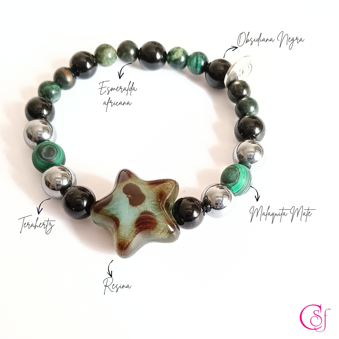 Pulsera Star Green · Esmeralda Africana, Malaquita y Obsidiana · Trend Magic CSF