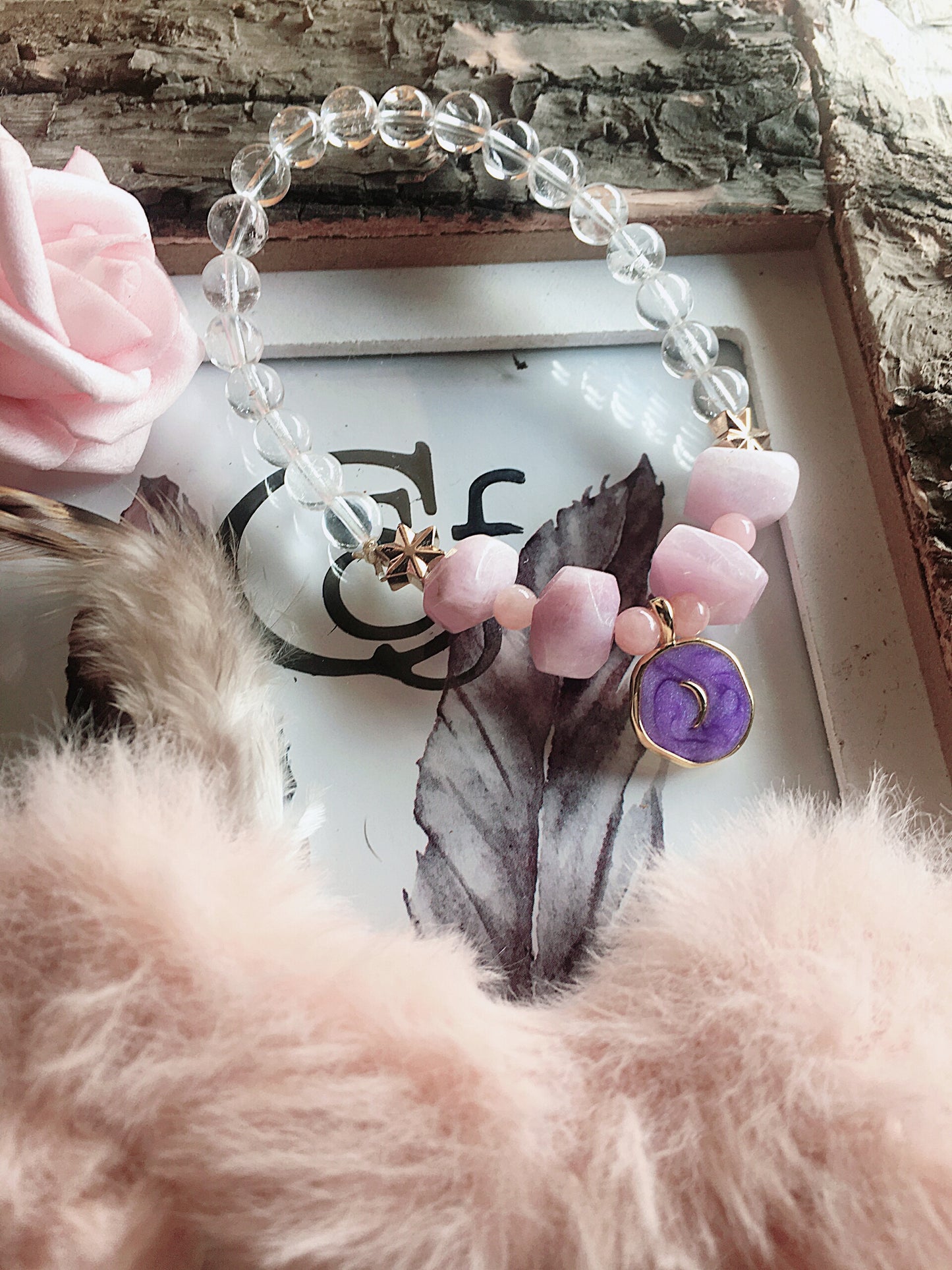 Pulsera Kunzita , Cuarzo Cristal, Rubí
