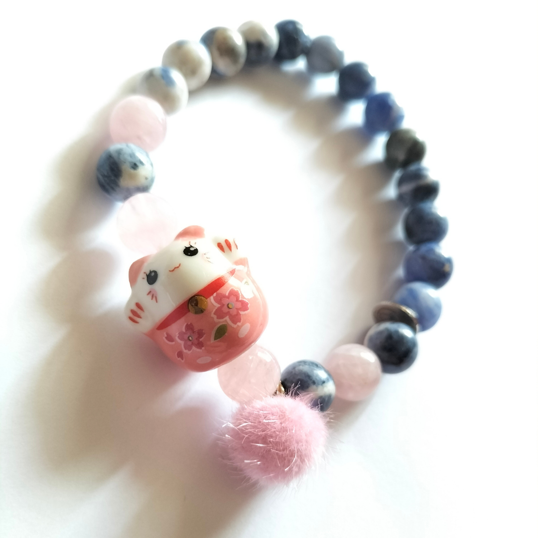 Pulsera Maneki Neko Cuarzo Rosa y Sodalita
