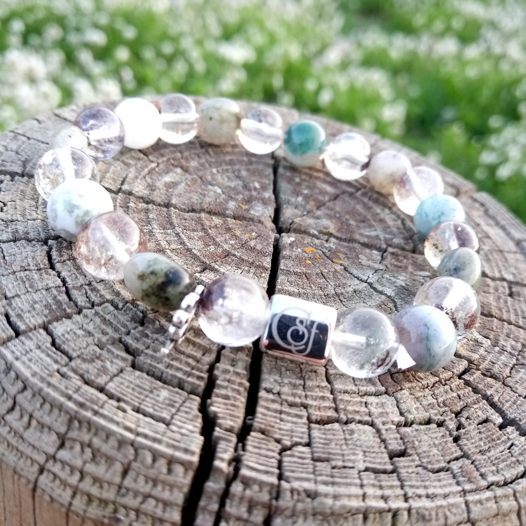 Pulsera de Conexión y Protección · Cuarzo Musgo, Jaspe Bosque y Labradorita · Diseño de Autor CSF