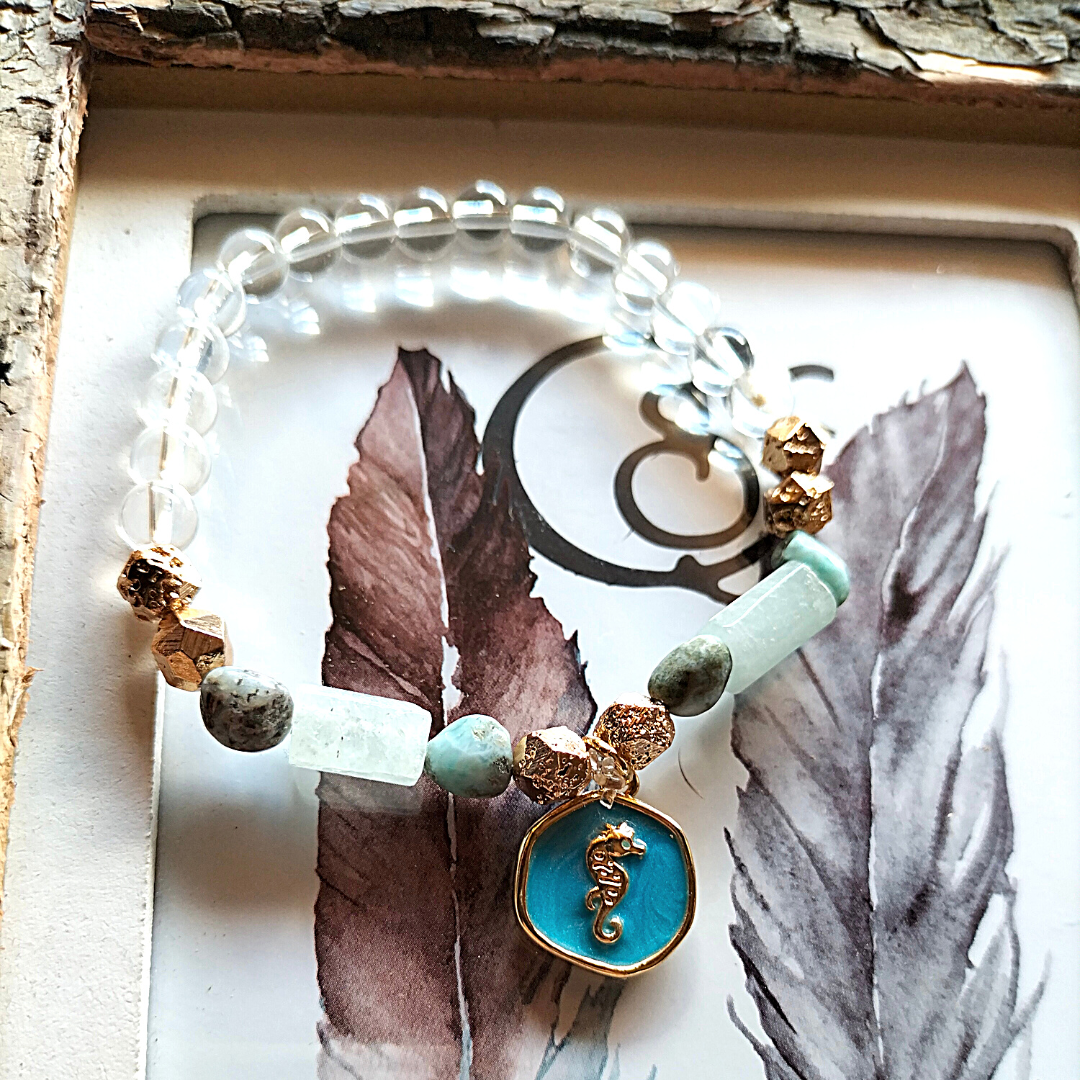 Pulsera Larimar, Aguamarina, Cuarzo