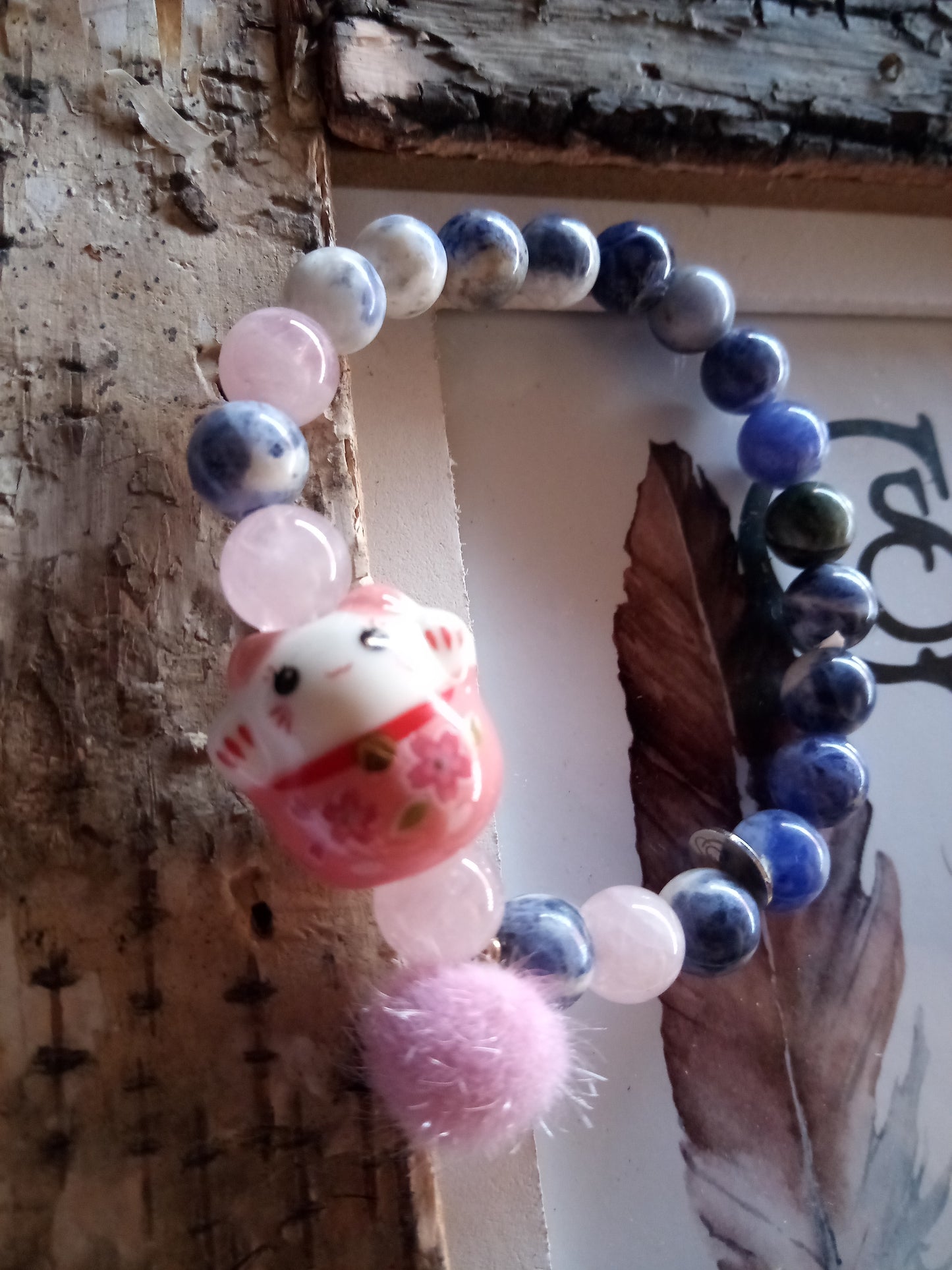Pulsera Maneki Neko Cuarzo Rosa y Sodalita