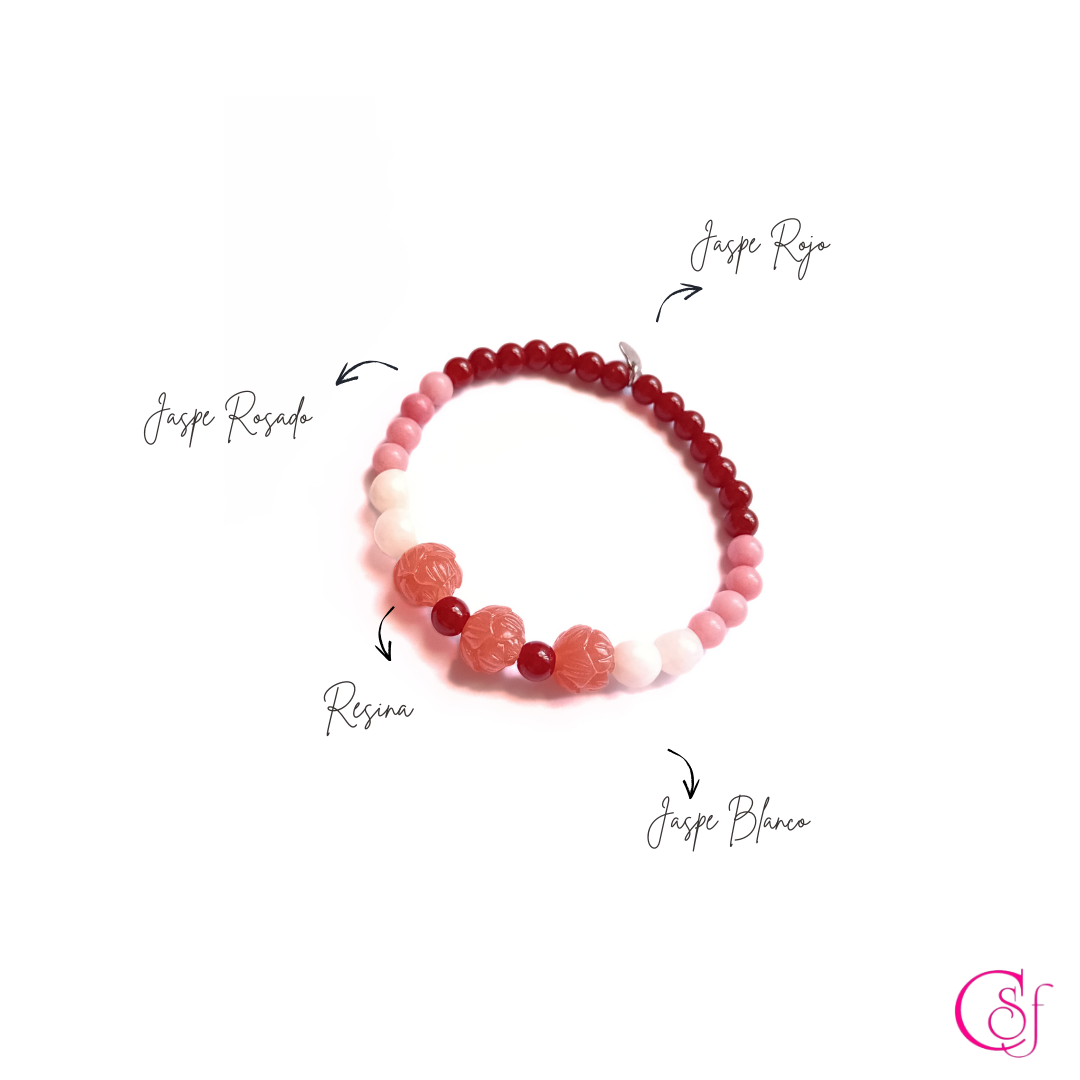 Pulsera Flor Rosada · Jaspe Rojo, Jaspe Rosado y Jaspe Blanco · Diseño CSF mod 1