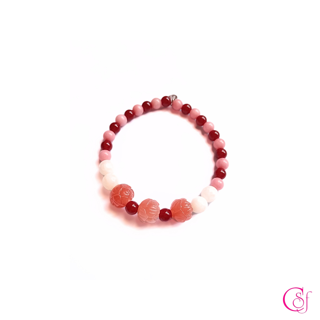 Pulsera Flor Rosada · Jaspe Rojo, Jaspe Rosado y Jaspe Blanco · Diseño CSF mod 2