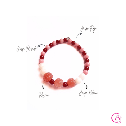 Pulsera Flor Rosada · Jaspe Rojo, Jaspe Rosado y Jaspe Blanco · Diseño CSF mod 2