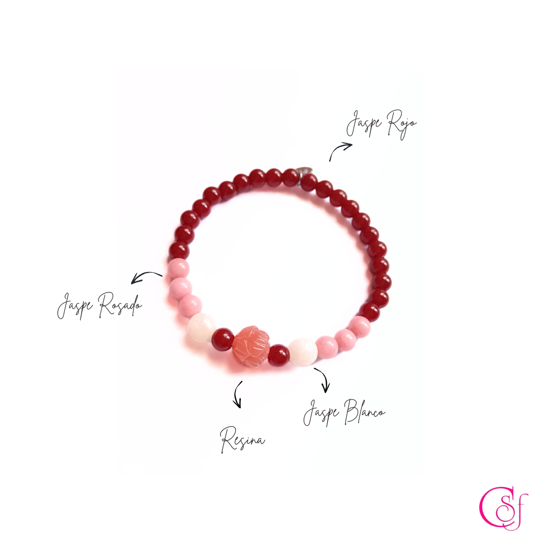 Pulsera Flor Rosada · Jaspe Rojo, Jaspe Rosado y Jaspe Blanco · Diseño CSF mod.3