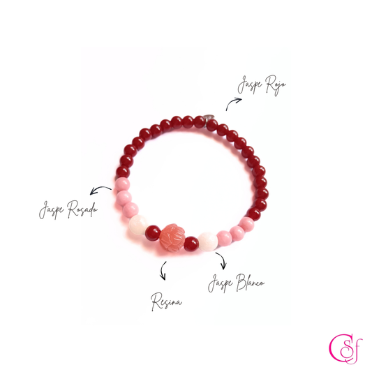 Pulsera Flor Rosada · Jaspe Rojo, Jaspe Rosado y Jaspe Blanco · Diseño CSF mod.3