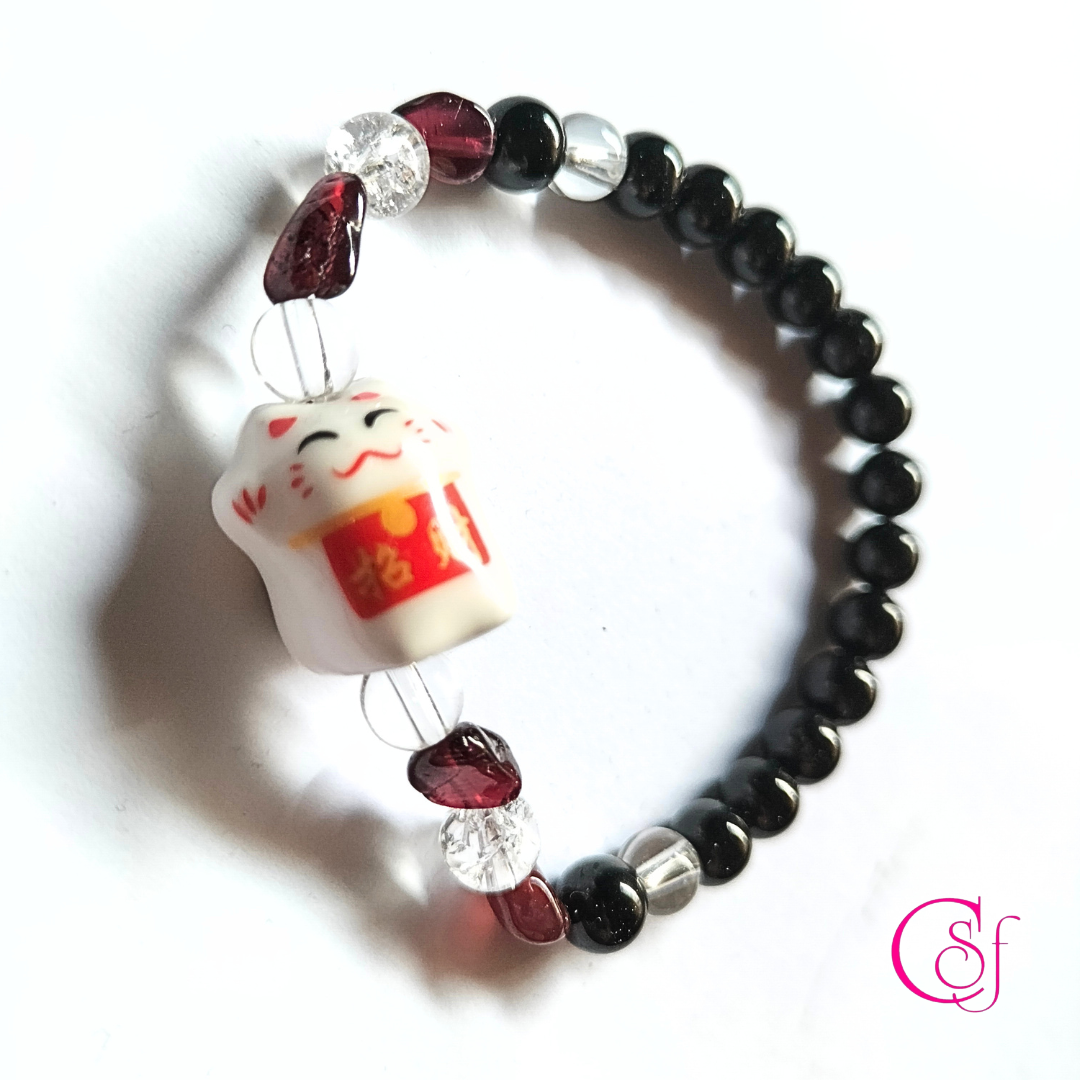 Pulsera Maneki Neko Turmalina Granate Cuarzo