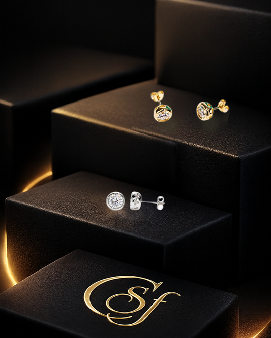 Pendientes Solitario Bisel 6.5 mm – 1ct Moissanita Color D – Plata 925 (Rodiada / Baño de Oro 18K)