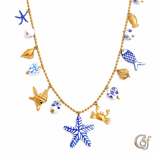Collar Amalfi con Estrella de Mar y Cerámica Pintada a Mano · Acero Inoxidable 316L