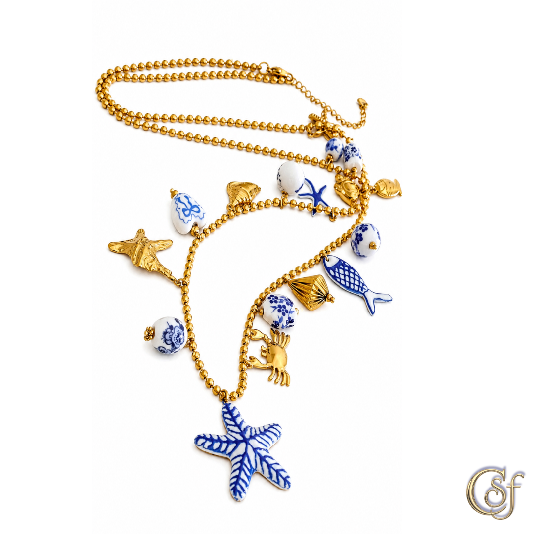 Collar Amalfi con Estrella de Mar y Cerámica Pintada a Mano · Acero Inoxidable 316L
