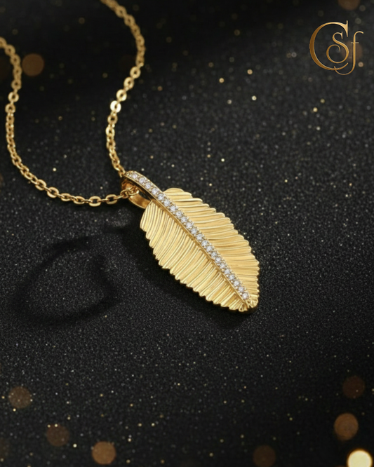 Collar Hoja Dorada con Moissanitas – Plata 925 Baño Oro 18K (40 + 5 cm)